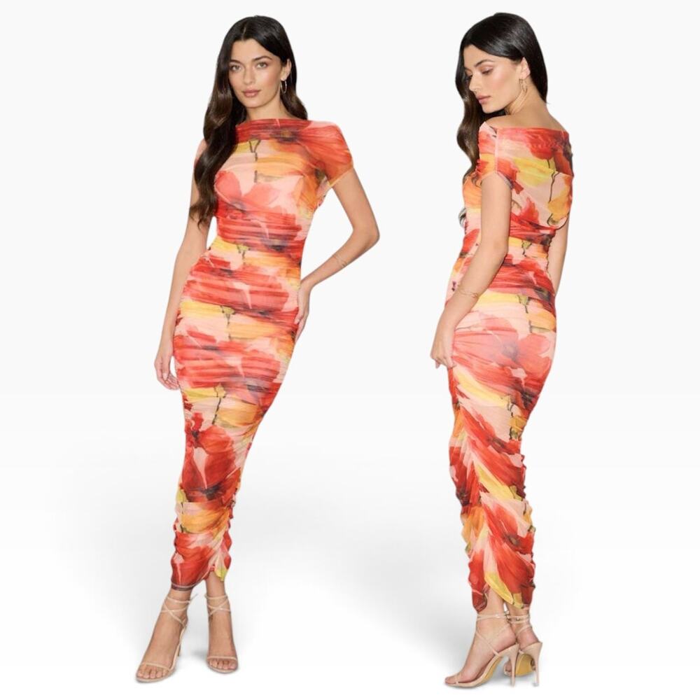Lulus Sunama Orange Floral Mesh Ruched Bodycon Midi Dress size L NWT
